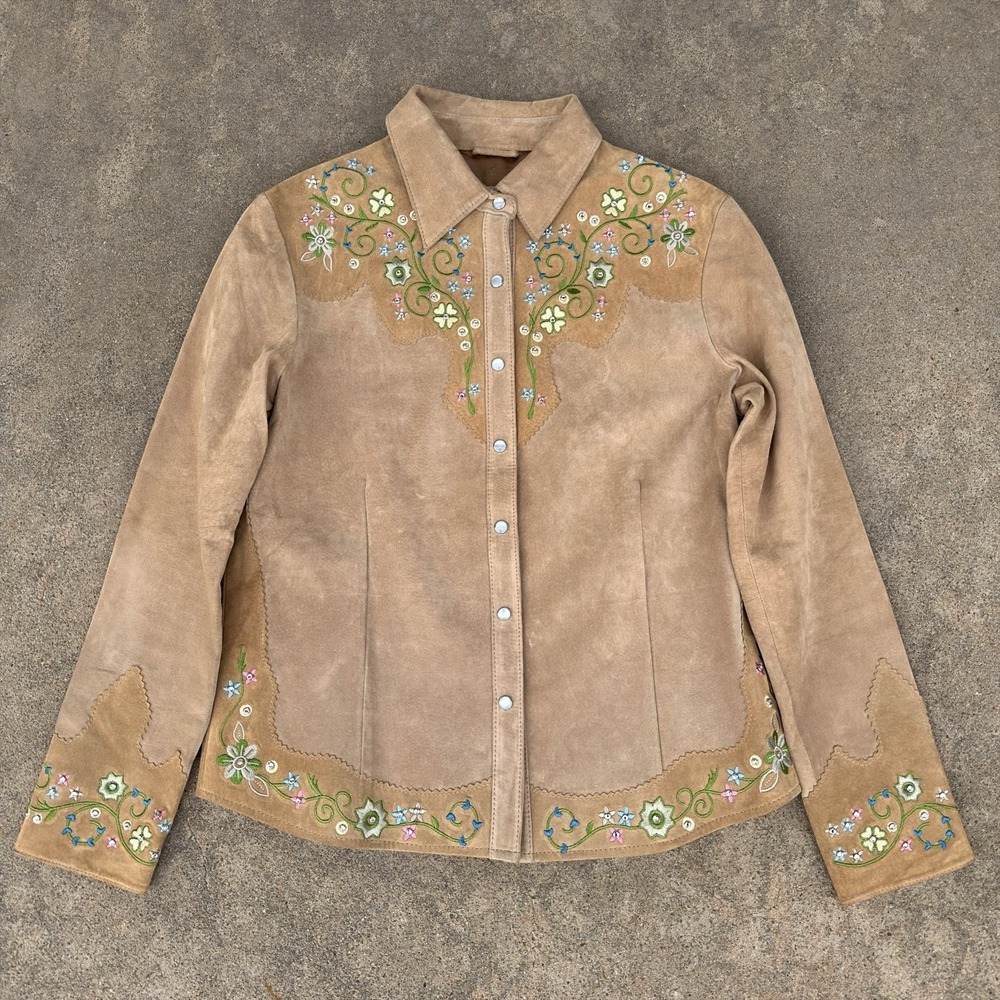 Scully Suede Leather Snap Jacket Embroidered Floral Rhinestone Western Size M